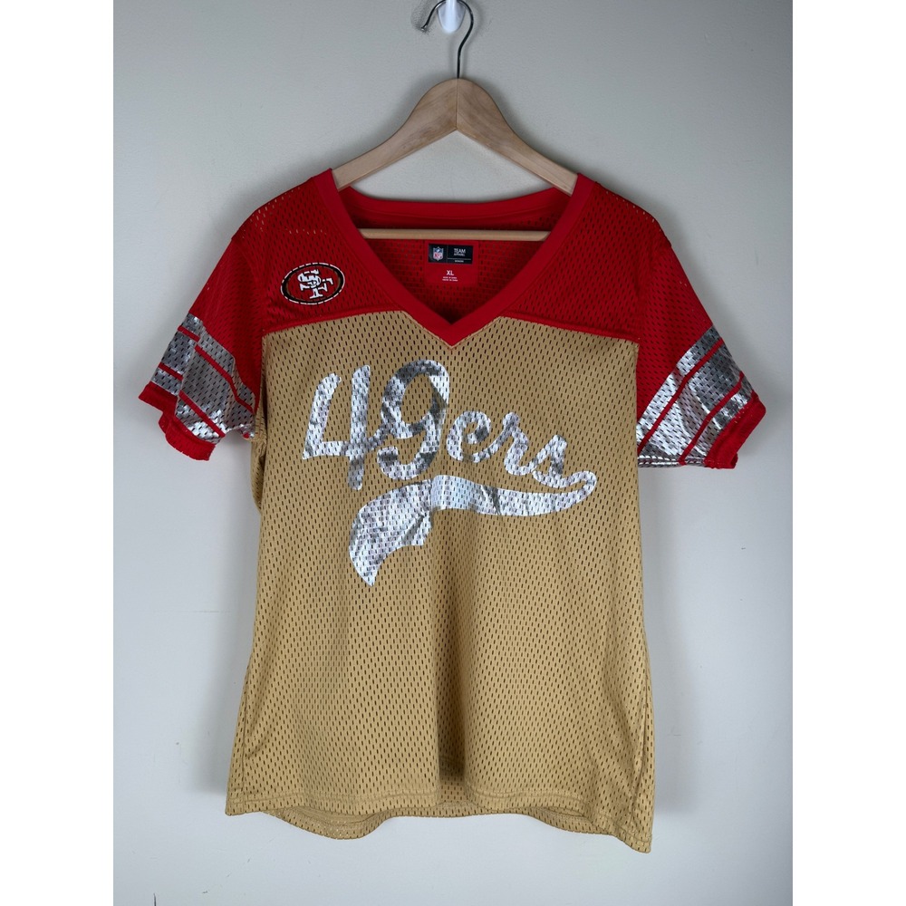 NFL Team Apparel Women's SF 49ers Mesh Jersey V-Neck Top Metallic Lettering XL
